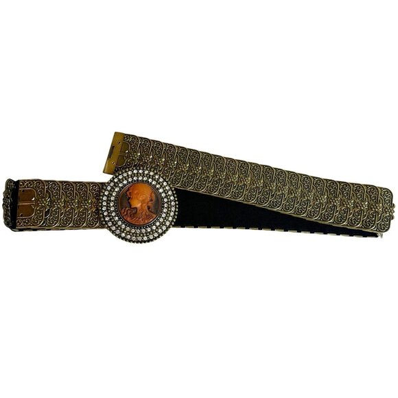 Steampunk Victorian Cameo Ornate Stretch Brass Metal Belt M/L - Picture 3 of 4